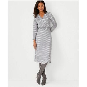 Ann Taylor Size 2 Grey Floral Belted Midi Dress Long Sleeve Modest Office Church